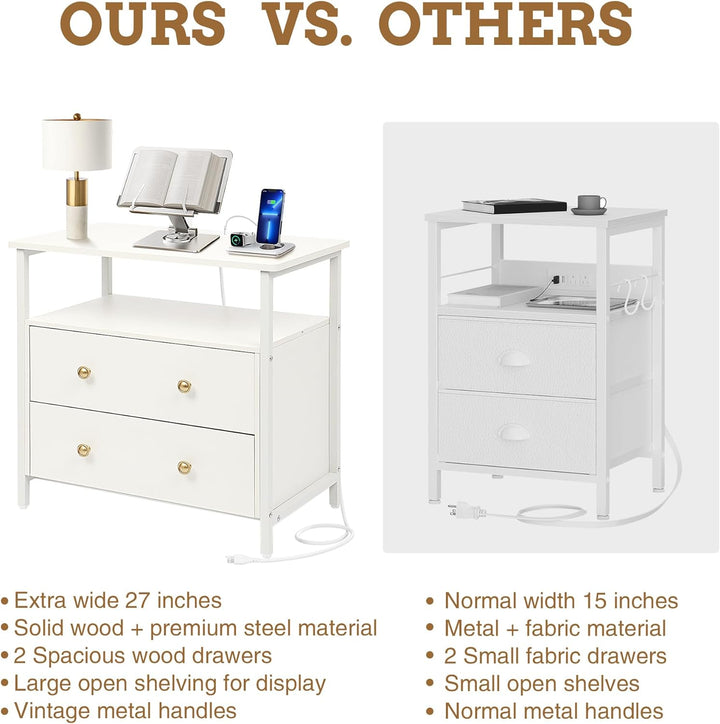 27" Nightstand w/ Charging Station, 2 Drawers, White