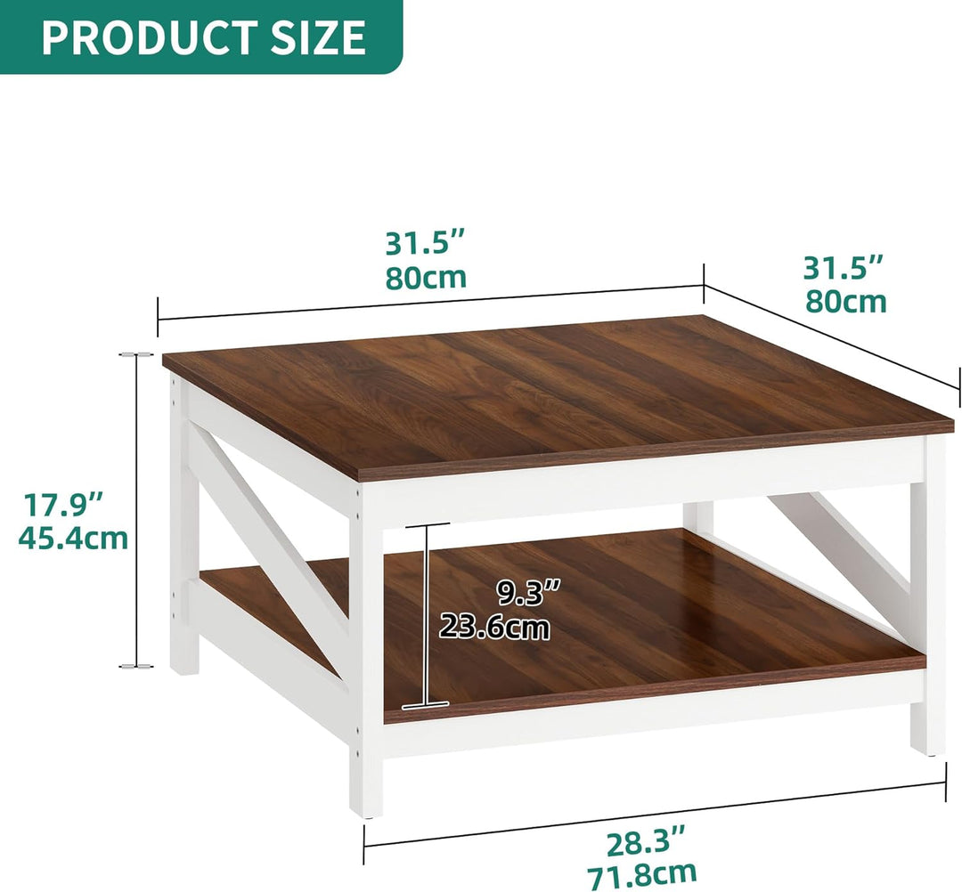 Farmhouse Coffee Table, Square Wood Coffee Table with Storage, White