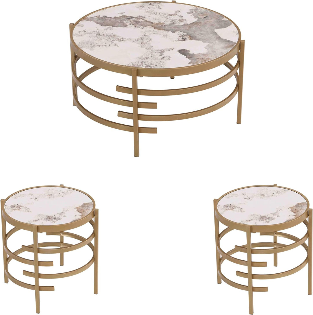 Sintered Stone Round Coffee Table Set, Modern Gold Circle Coffee Table, Gold-3pcs