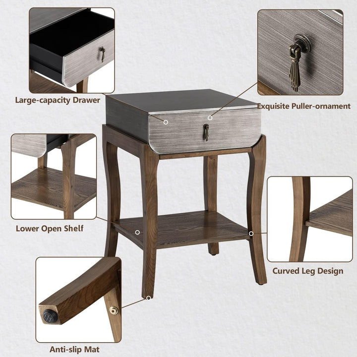 2-Tier Farmhouse Bedside Table, Wood Accent End Table