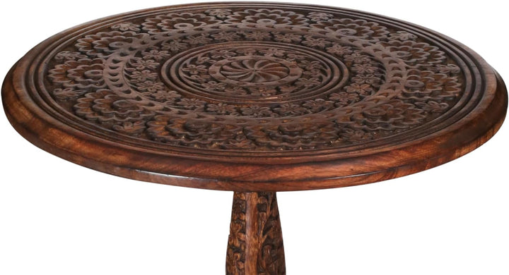 Round Carved Wood Accent Table with Pedestal Base