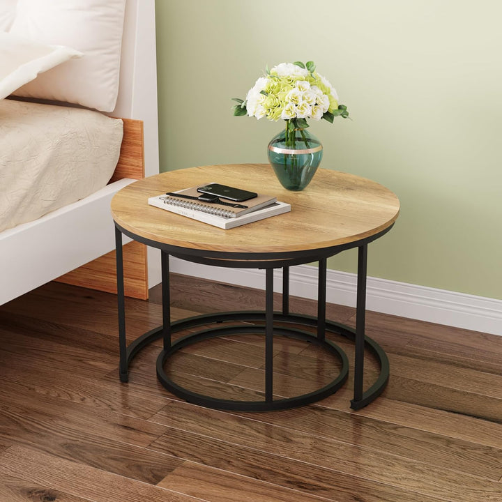 Nesting Coffee Table Set, Round Wood Grain Top, Adjustable Feet, Brown-black 27.6