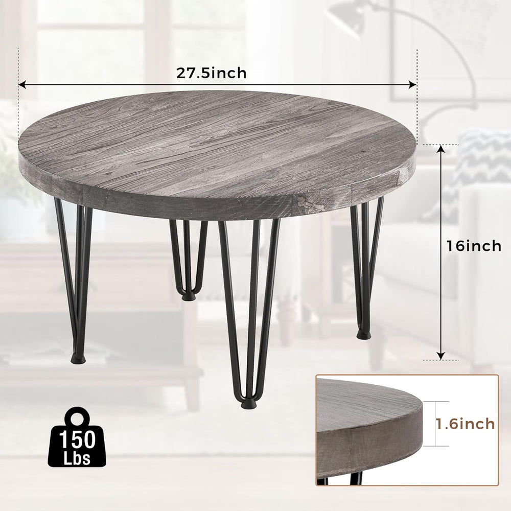 Rustic Elm Wood Round Coffee Table with Metal Legs, Grey