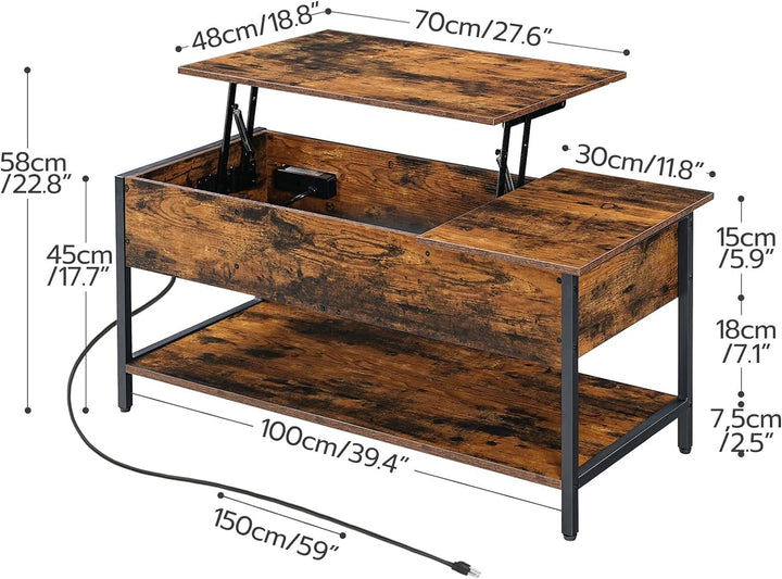 Lift Top Coffee Table with Power Outlet, Charging Station, Rustic Brown and Black