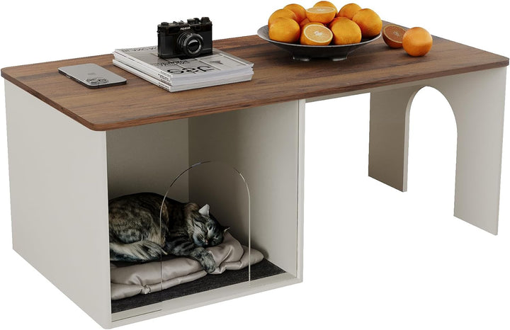 Farmhouse Coffee Table with Cat House, Wooden Modern Accent, White & Brown