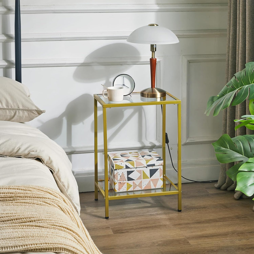 Tempered Glass Side Table, 2 Tier End Table, Gold