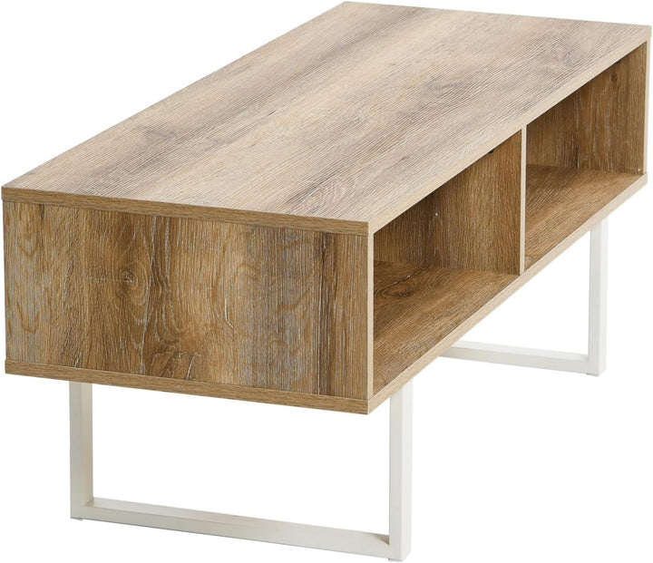 Jamestown TV Stand Coffee Table with Rectangular Storage, Coastal Oak Rustic Wood Grain and White Metal