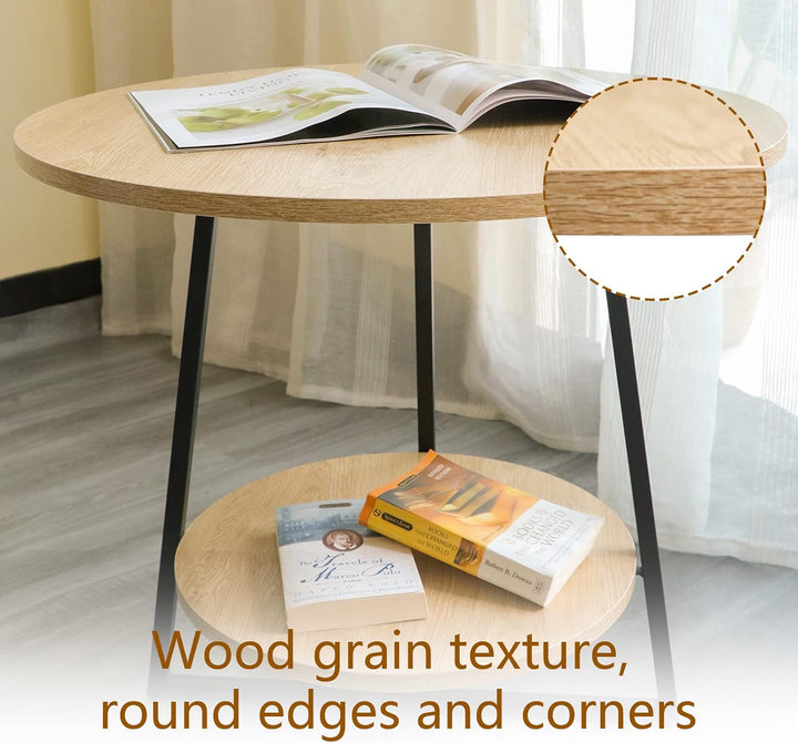 2 Tier Small Round Side Table, Wooden End Table with Storage Shelf, Modern Coffee Table