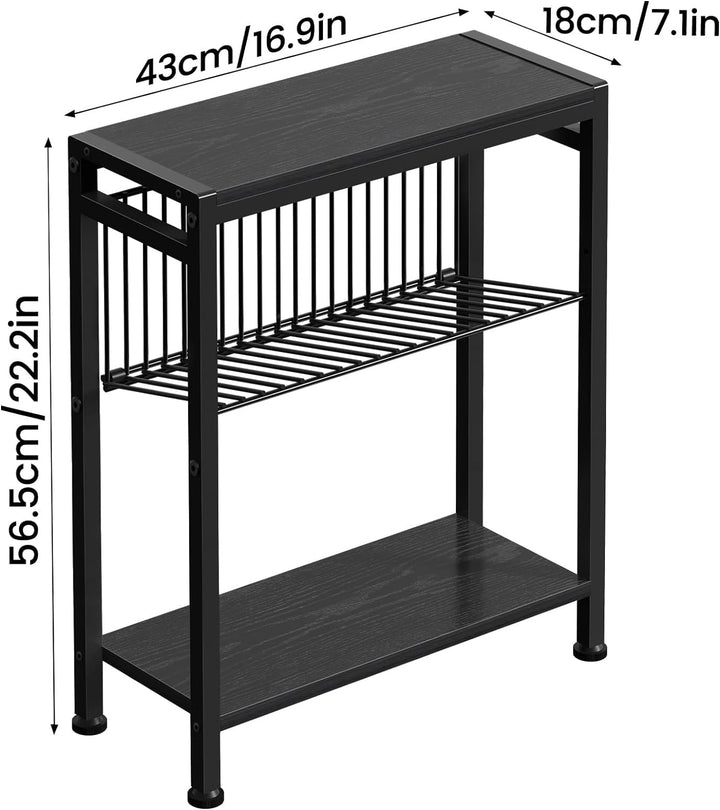 3-Tier Narrow Side Table w/ Magazine Holder (Black)