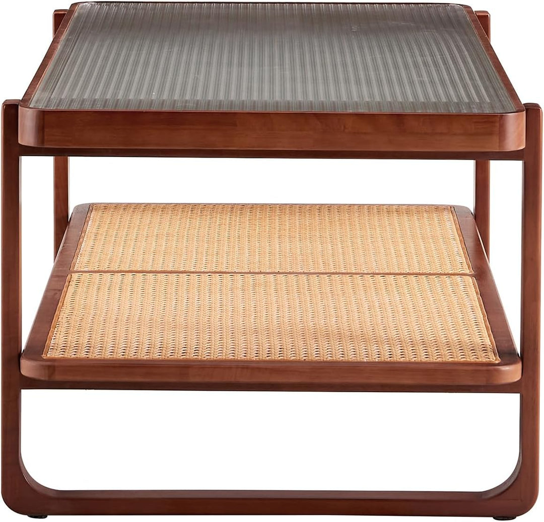 Pvillez Chinese Style Coffee Table, Mid Century Modern Faux Rattan Rectangular Coffee Table, Walnut