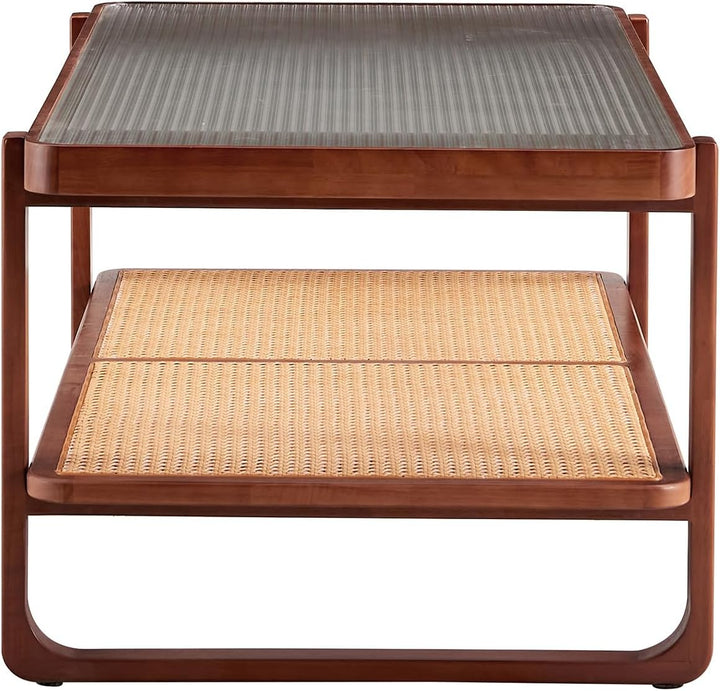 Pvillez Chinese Style Coffee Table, Mid Century Modern Faux Rattan Rectangular Coffee Table, Walnut