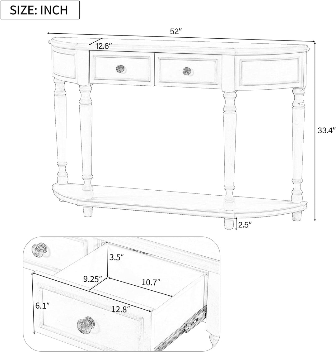 Retro Half Moon Console Table, 2 Drawers, Shelf