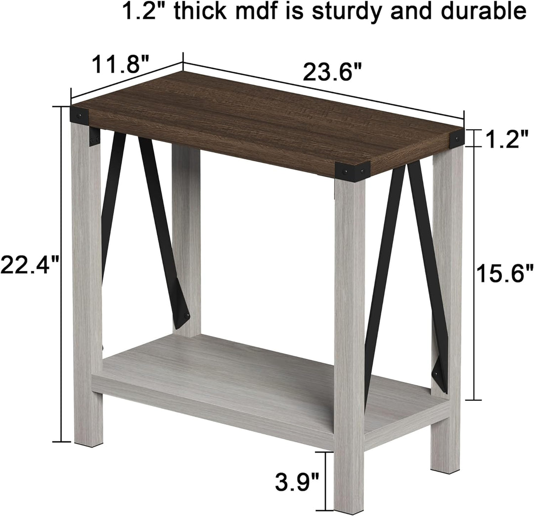 Farmhouse End Table, Rustic Nightstand (White & Brown)