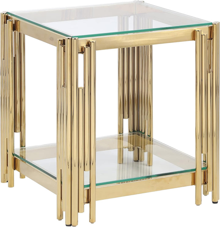 20" Wide Square End Table with Glass Top, Golden Stainless Steel