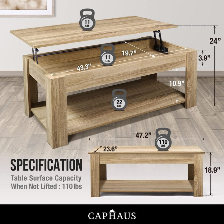 CAPHAUS Lift Top Coffee Table with Storage, Natural Oak