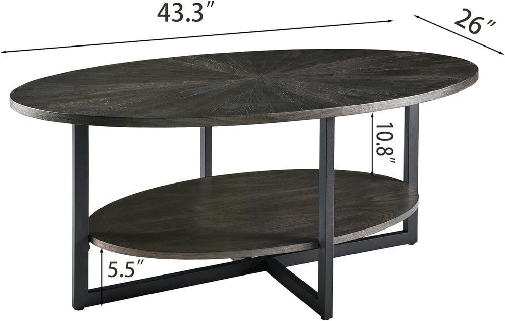 Rustic Oval Wood Coffee Table with Cross Metal Legs, Black