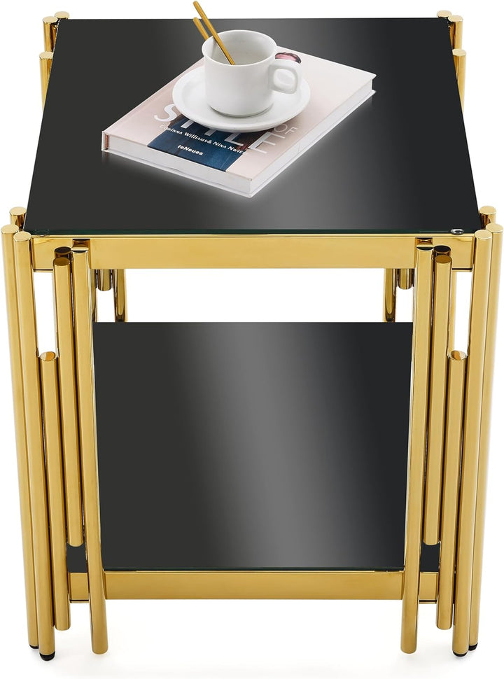 20" Gold End Table with Black Glass Top, Stainless Steel, Black4