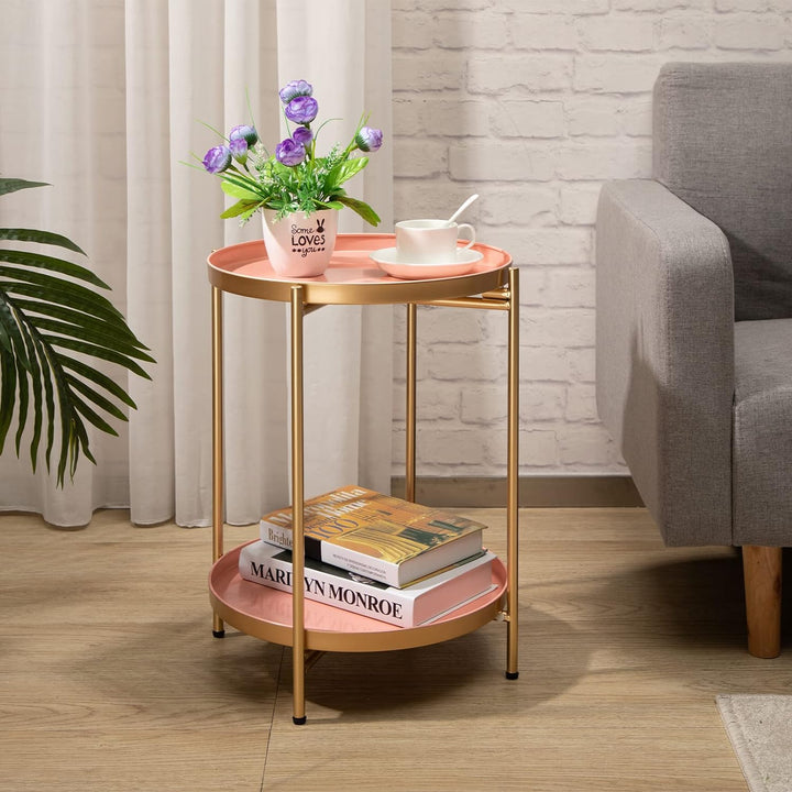 2-Tier Round Metal End Table, Gold&Pink