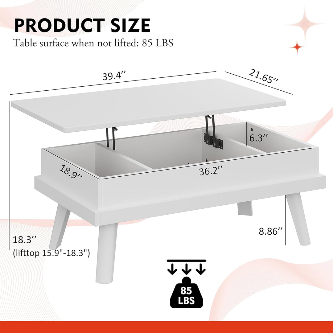 Meilocar Wood Lift Top Coffee Table with Hidden Compartment, White