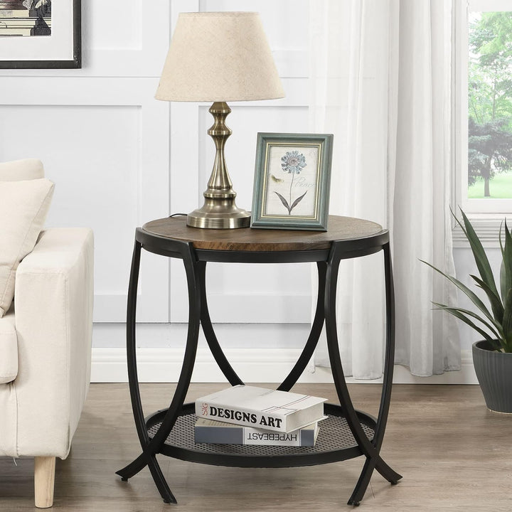 Industrial Round End Table, 2-Tier Side Table, Rustic