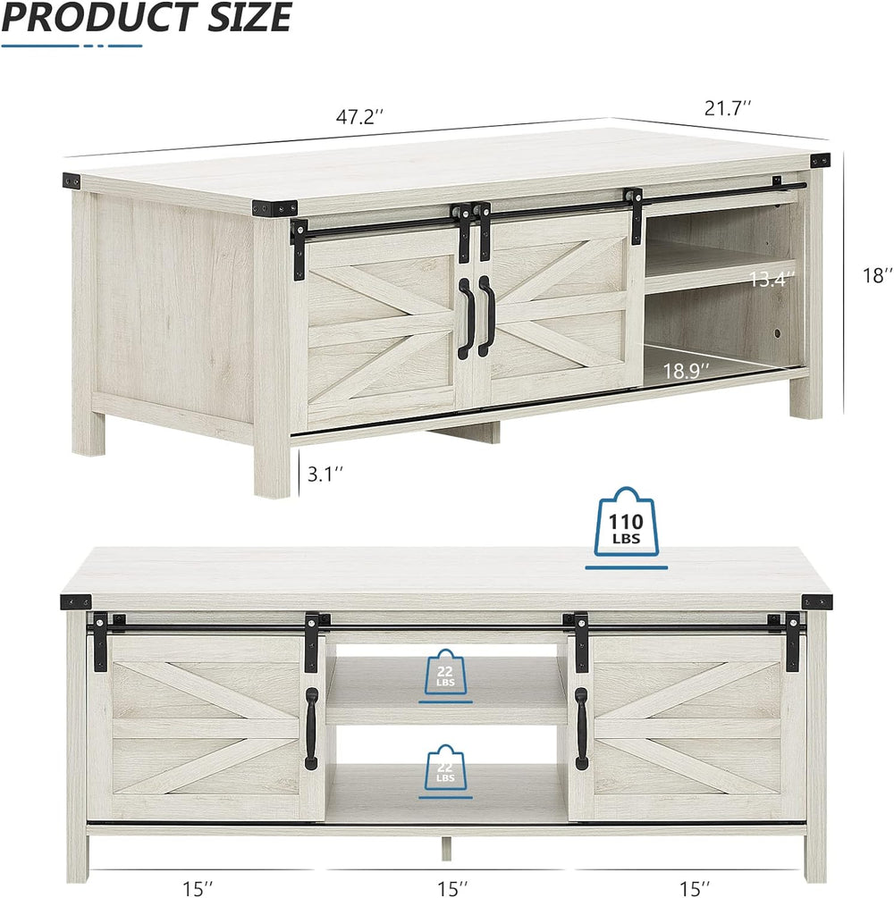 Rustic Farmhouse Coffee Table with Sliding Barn Doors, White