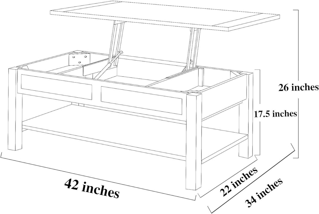 42 Wood Lift Top Coffee Table, Farmhouse 2 Tier Rising