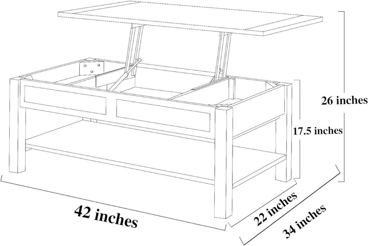 42 Wood Lift Top Coffee Table, Farmhouse 2 Tier Rising