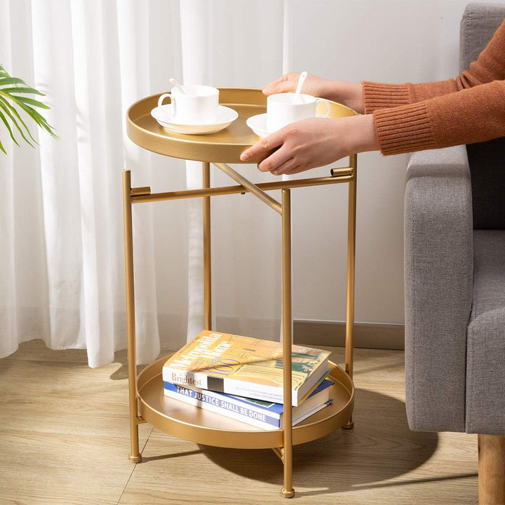 2-Tier Round Metal End Table, Golden Accent Table