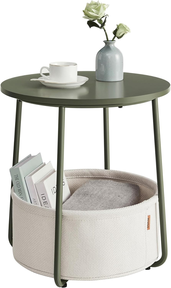 Small Round Side Table Nightstand with Basket