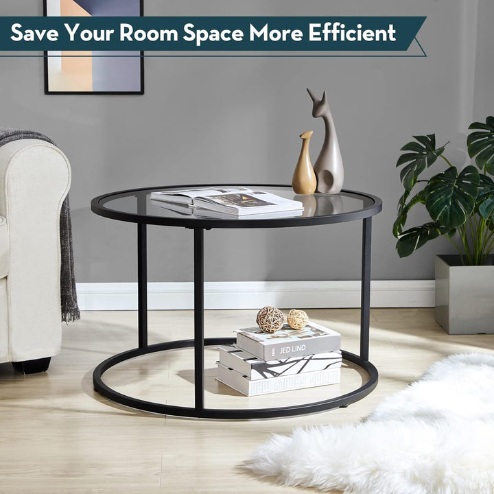 Round Coffee Table Glass Center Table Gray Black