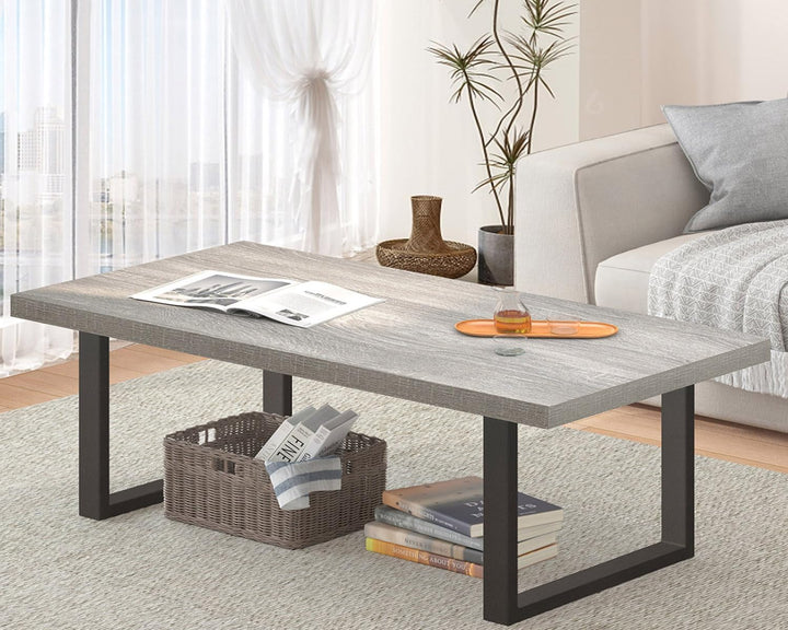 IBF Grey Coffee Table, Wood Metal Coffee Table, Farmhouse Rustic Table, Light Grey Oak