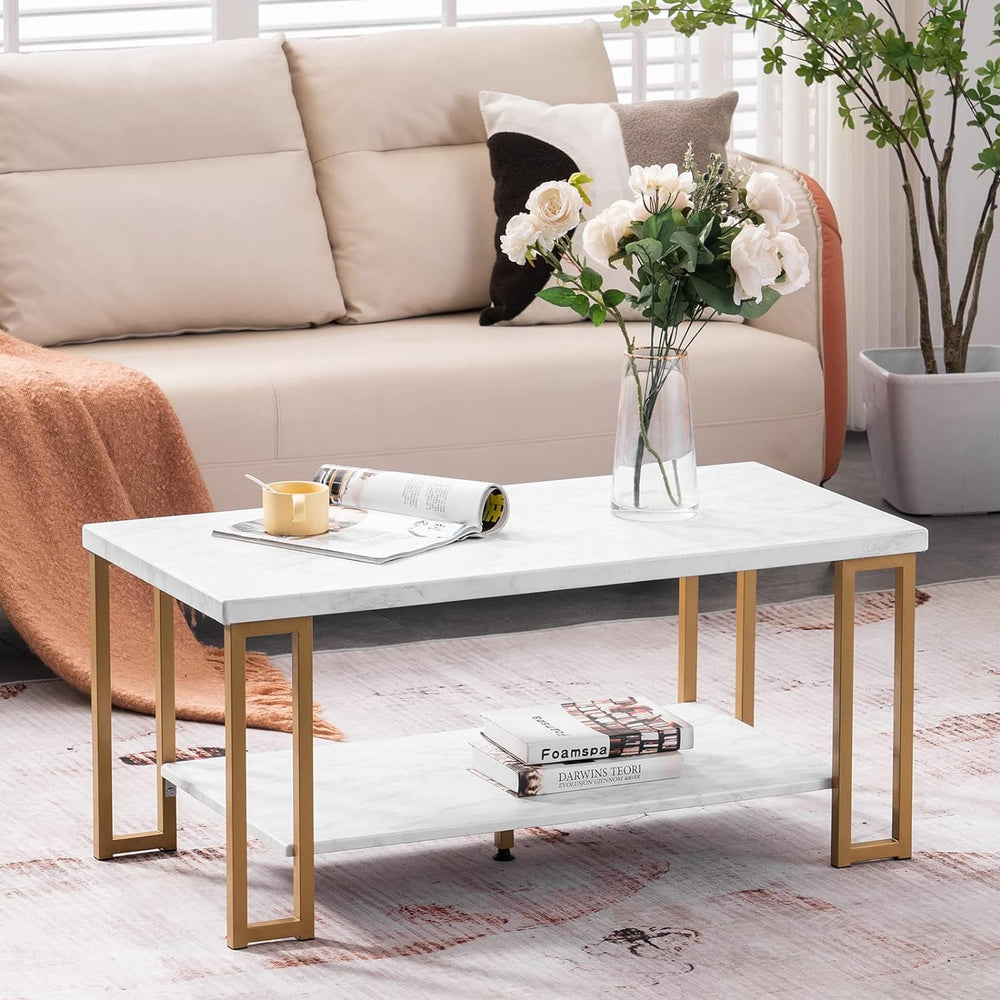 Faux Marble Coffee Table, Modern Gold Rectangular