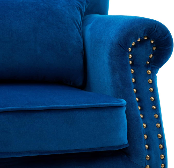 Blue Velvet Wingback Chair with Pillow