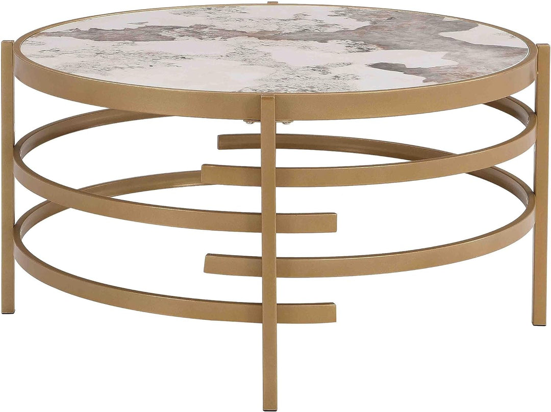 Elegant Sintered Stone Round Coffee Table, Modern Circle Center Table, Gold