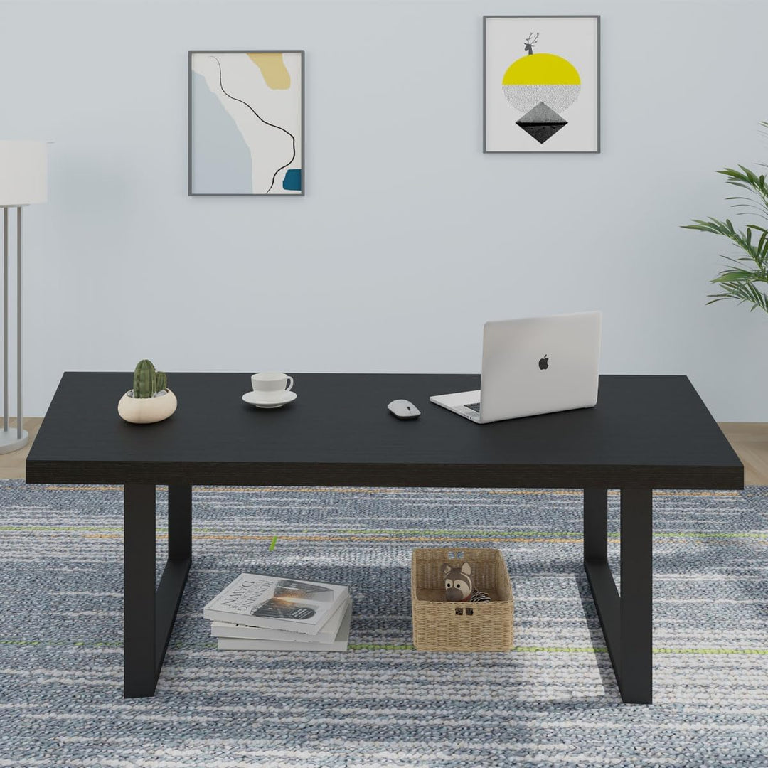 Modern Black Coffee Table, Minimalist Industrial Wooden Center Table, Farmhouse Rectangle Living Room Table, Black Oak