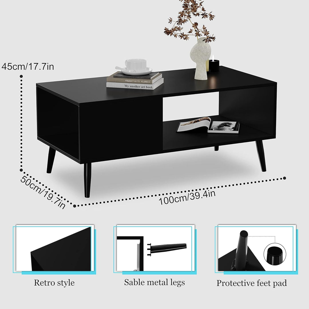 Yusong Modern Wood Coffee Table with Storage Shelf, Black