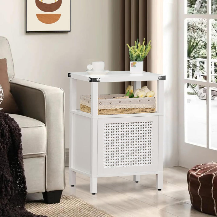 Rattan Nightstand, Side End Table with Storage