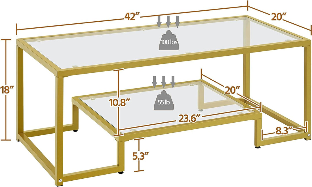 Yaheetech Gold Rectangular Glass Coffee Table for Living Room