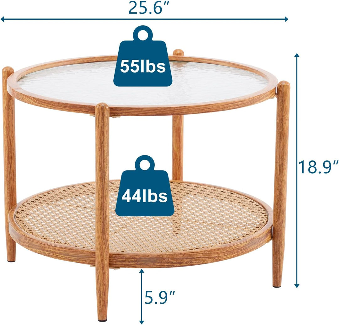 Rattan Coffee Table, Round Water-Wave Glass Metal, Waterwave-round Rattan Walnut