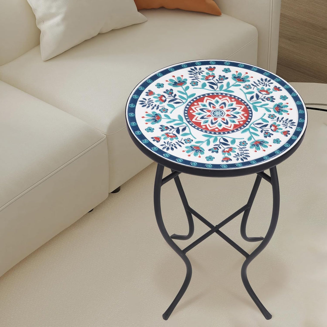 Mosaic Outdoor Patio Side Table, 14" Round Folding