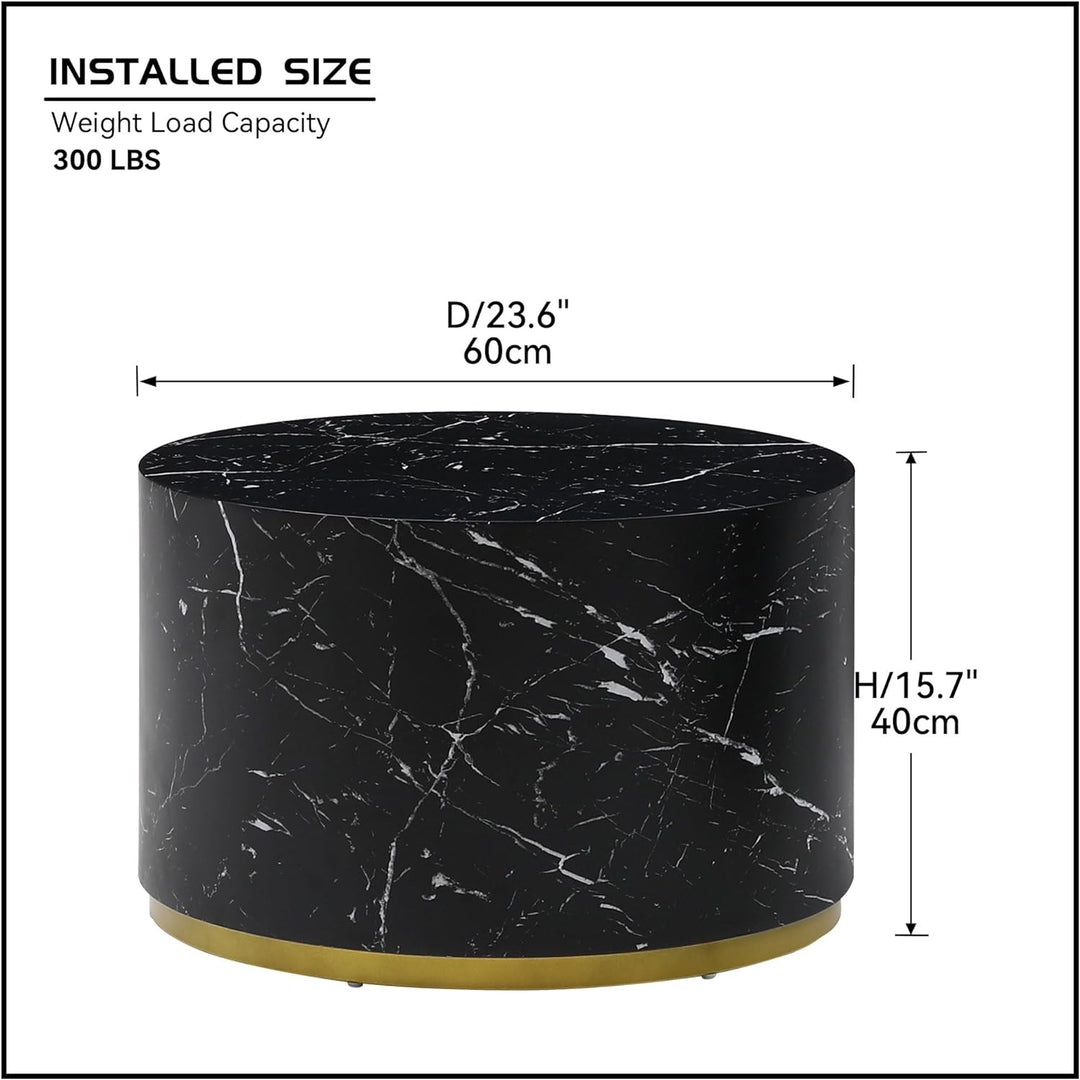 Modern Round Gold Drum Coffee Table, Black with Gold Rim, Marble