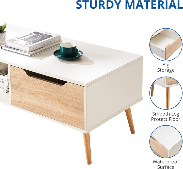 Cozy Modern Coffee Table with Storage, Wooden Cocktail Table, White