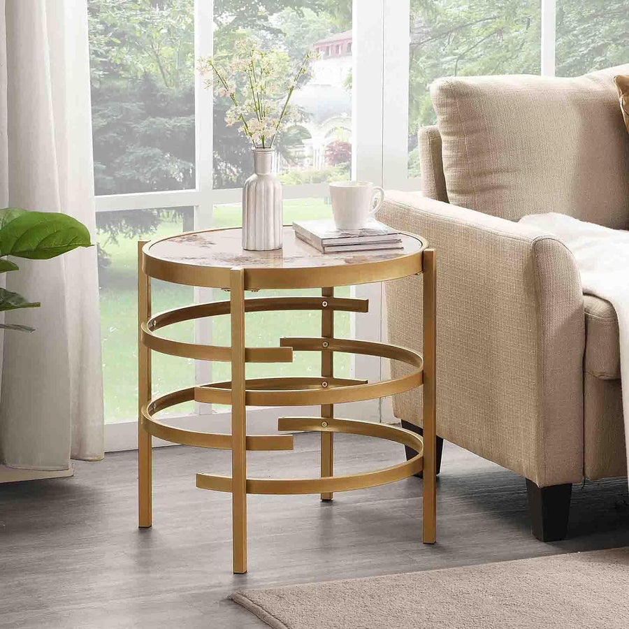 Modern Round End Table with Sintered Stone Top, Gold9