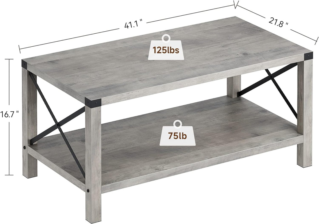 Farmhouse Coffee Table, 2-Tier Industrial Wood Look Grey