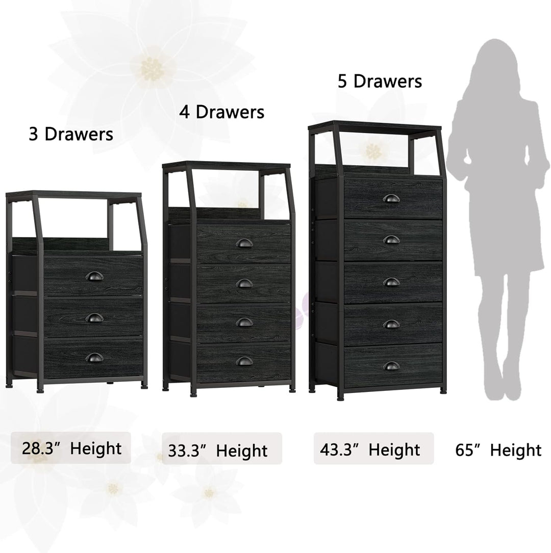 Black Dresser, 3 Fabric Drawers, 2-Tier Shelf