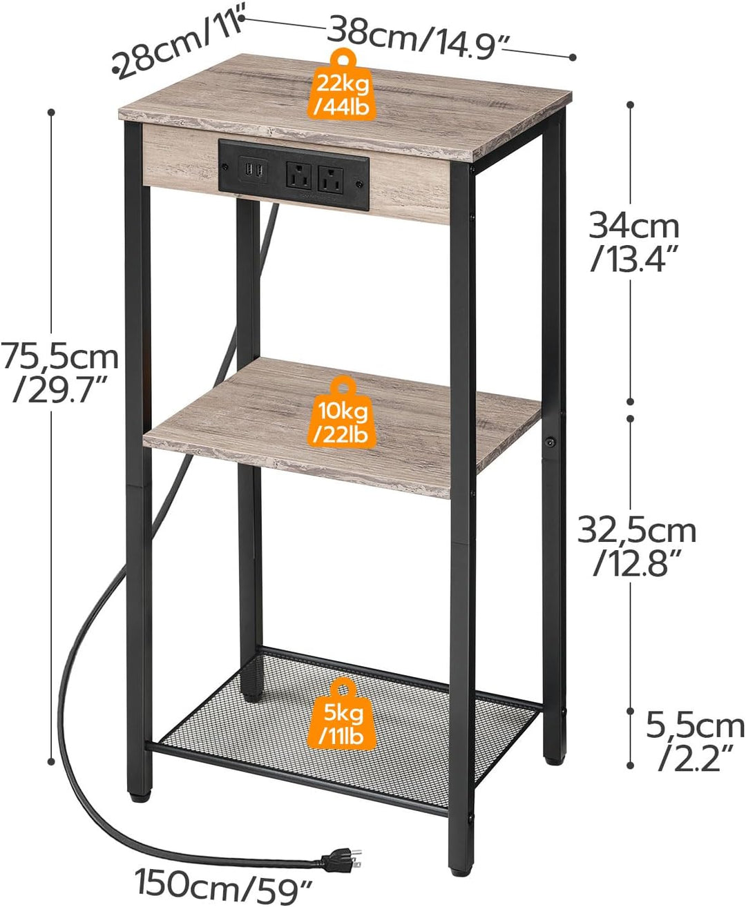 Tall End Table 3-Tier Telephone Table Greige BG09UDH01