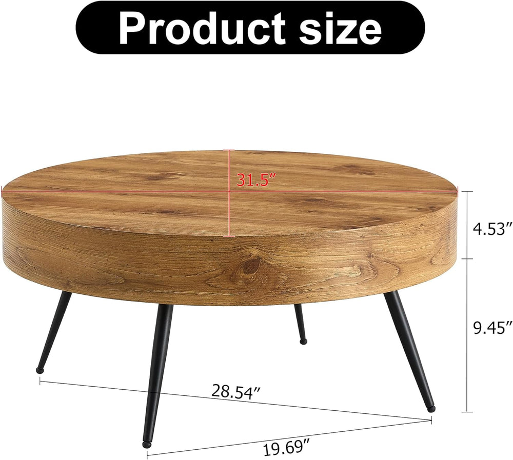 Stylish Modern Round Coffee Table, Walnut Wood and Black Metal