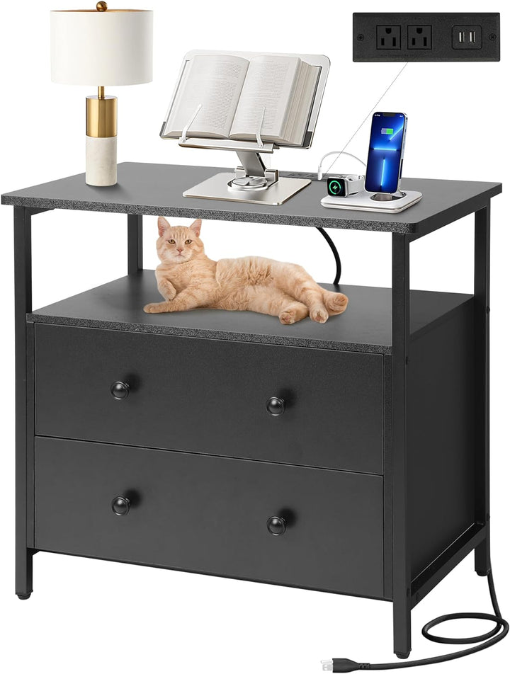 27" Nightstand w/ Charging Station, 2 Drawers, Open Shelf