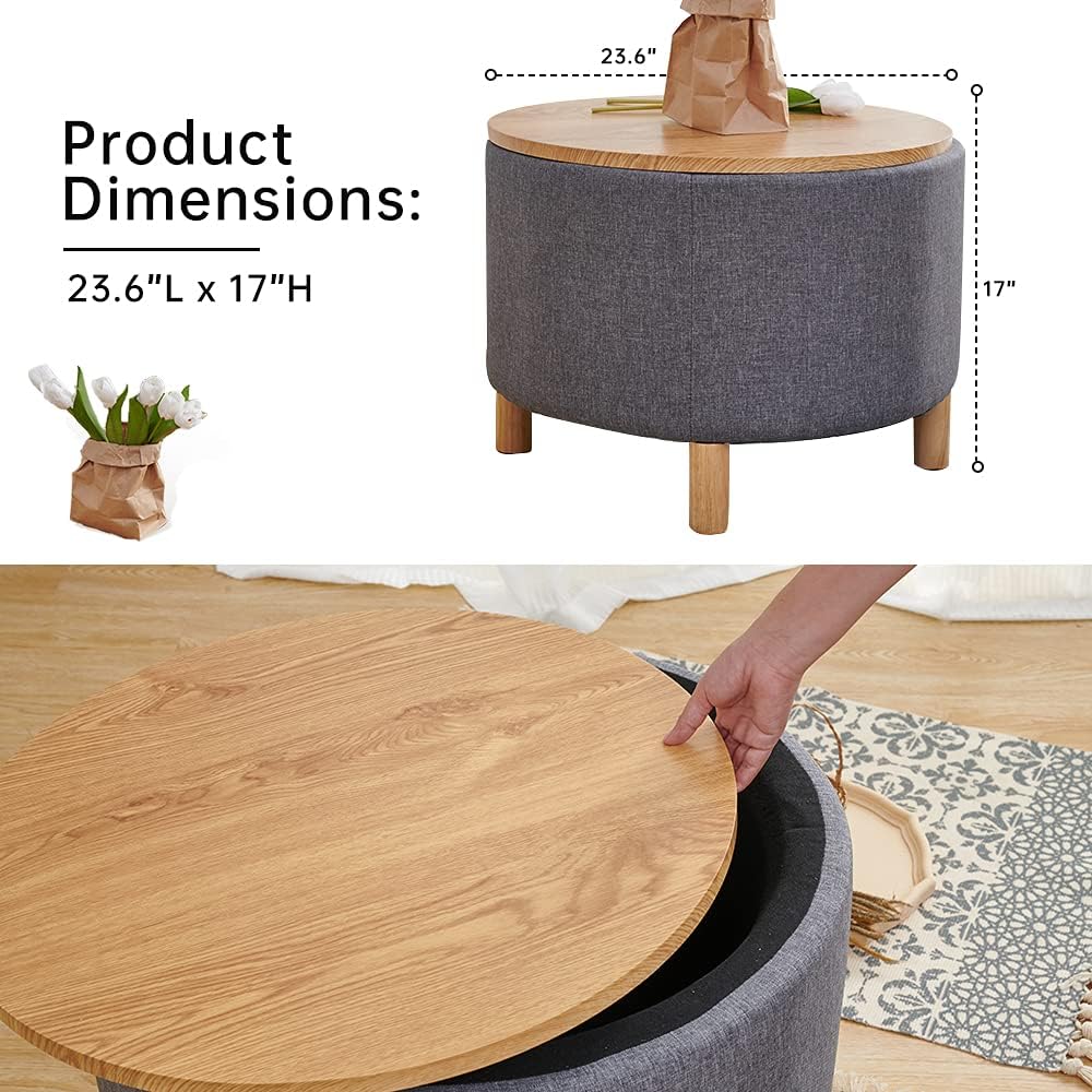 Round Coffee Table with Storage, Multi-Function Ottoman, Natural Color