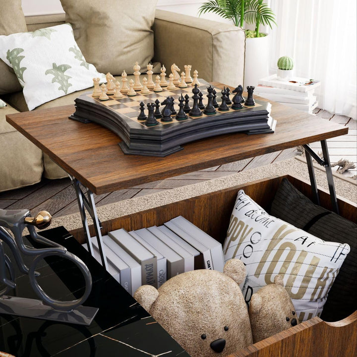 Lift Top Coffee Table with Hidden Compartment, Brown, Marbling